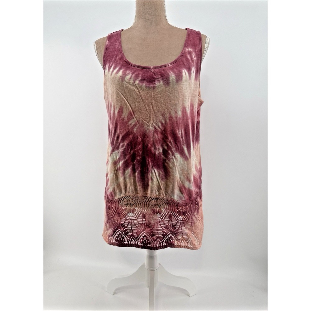 Ruff Hewn Womens L Tie Dye Tank Top Tunic Pink Crocheted Lace Boho Hippie